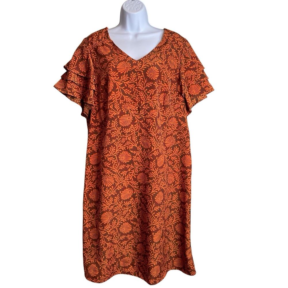 Bridgewater Women's Orange Floral Ruffle Sleeve‎ Dress size 18W Lagenlook Retro